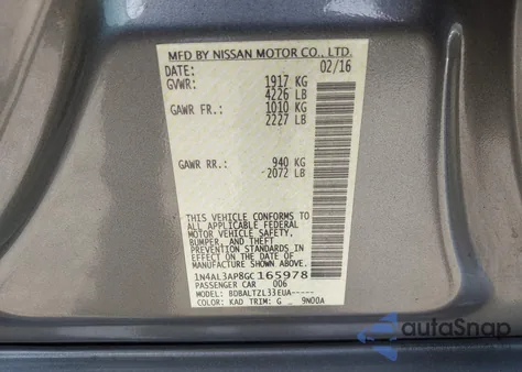 2016 Nissan Altima 2.5/2.5 S/2.5 Sl/2.5 Sr/2.5 Sv z USA, uszkodzony, nr VIN 1N4AL3AP8GC165978